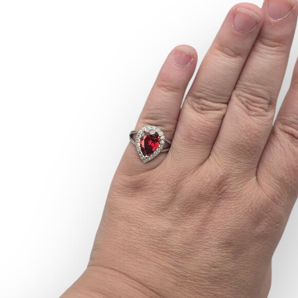 Red Pear-Cut Stone – Sterling Silver 925 – Halo Statement Ring – Size 7.5 - Picture 3 of 10